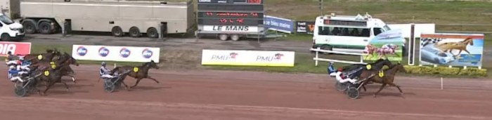 Arrivée de la 9ème étape du Grand National du Trot 2024 et la victoire d'HYMNE DU GERS drivé par Jean-Michel BAZIRE sur l'hippodrome du Mans