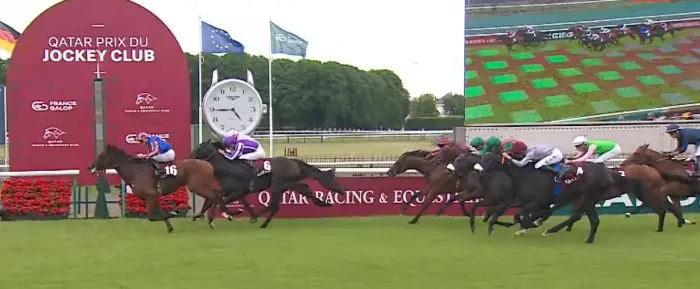 Arrivée du Prix du Jockey Club 2026 à Chantilly et la victoire de CONSTITUTION RIVER (Ryan-Lee Moore)